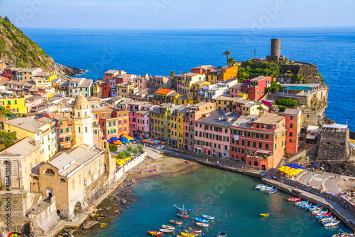 Colorful villages in Cinque terre, Italy and seascape at sunset