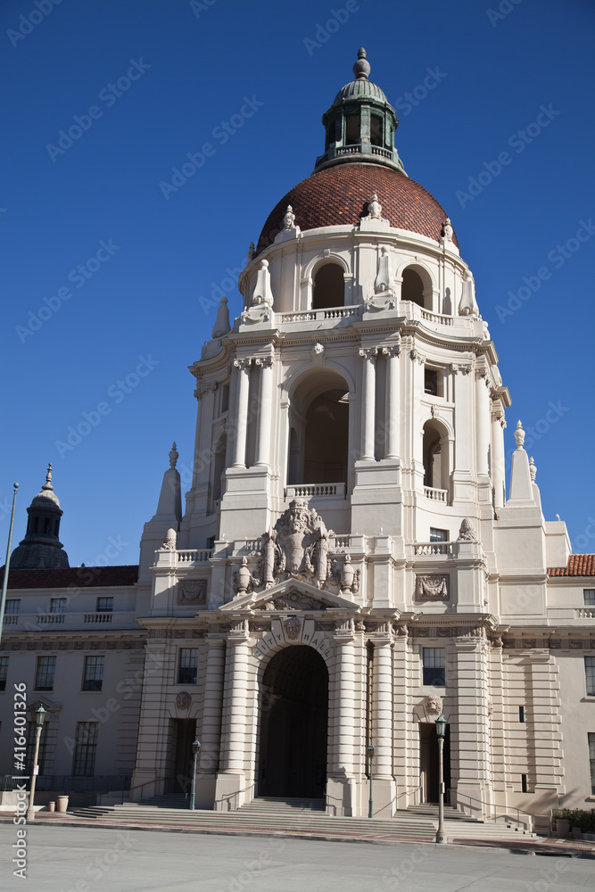 Grand entrance to the historic Pasadena city hall building in southern California.