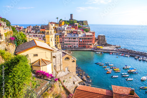Colorful villages in Cinque terre, Italy and seascape at sunset