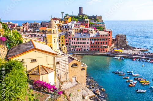 Colorful villages in Cinque terre, Italy and seascape at sunset