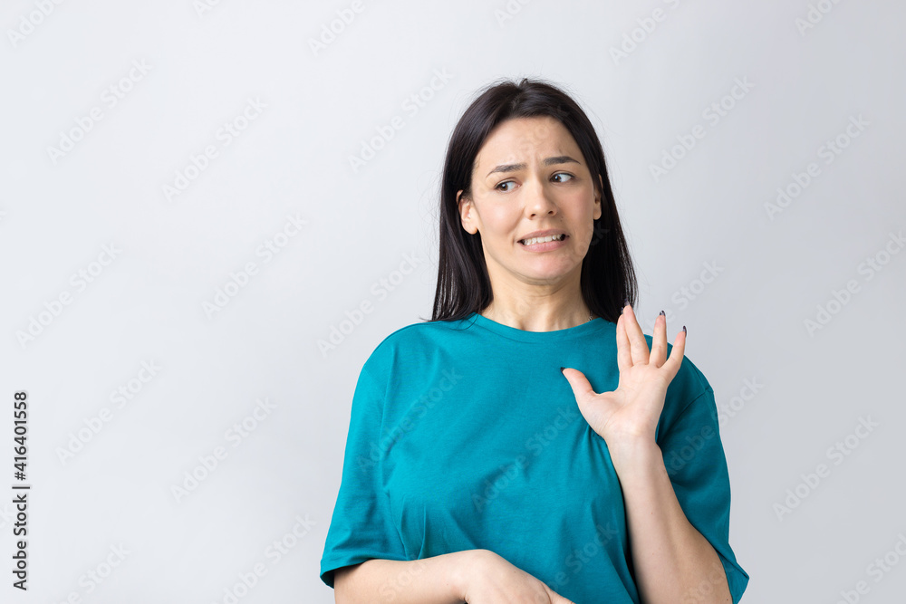 Portrait of uncomfortable pretty brunette, raising palms in stop gesture. That is enough, thanks. Portrait of uncomfortable pretty brunette, raising palms in stop gesture. That is enough, thanks.