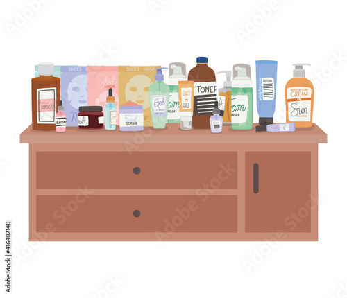 set of skincare icons on furniture with three drawers