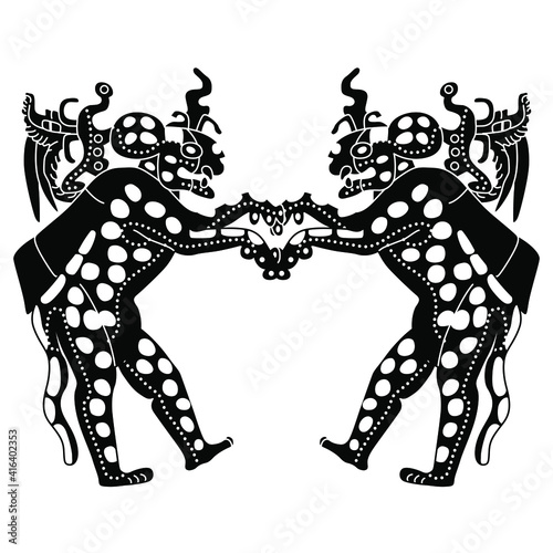 Photography Symmetrical design with two standing anthropomorphic jaguars