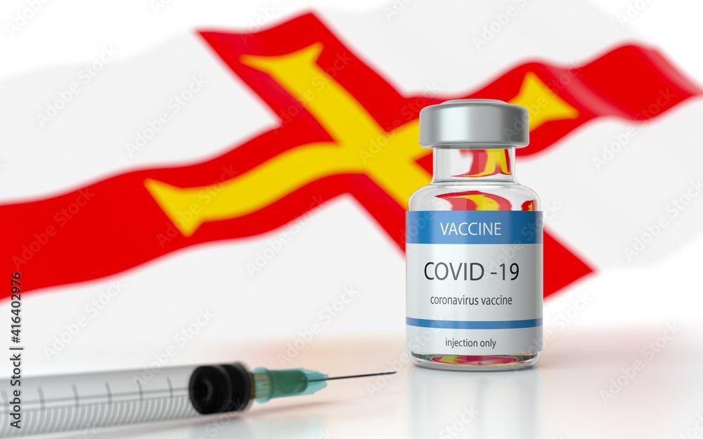 COVID 19 Vaccine approved and launched in Guernsey. Corona Virus SARS CoV 2, 2021 nCoV vaccine delivery. Guernsey flag on background and vaccine bottle. 3D illustration COVID 19 Vaccine approved and launched in Guernsey. Corona Virus SARS CoV 2, 2021 nCoV vaccine delivery. Guernsey flag on background and vaccine bottle. 3D illustration