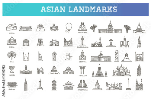 Simple linear Vector icon set representing global tourist asian landmarks and travel destinations for vacations