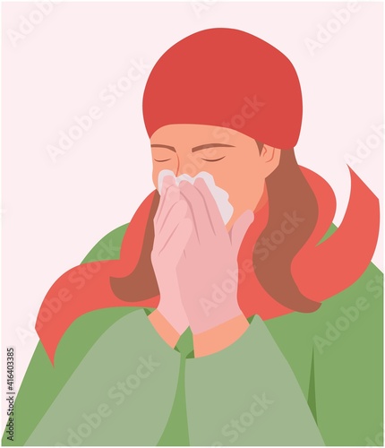 Women use tissue to cover the mouth and nose while coughing and sneezing vector illustration. Female character covers her nose with a handkerchief. Girl get sick sneezing from flu. Concept of Winter 