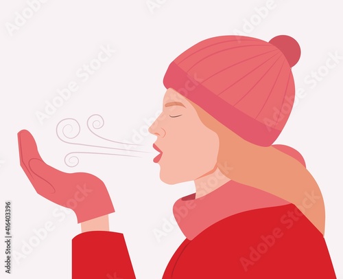Woman breathe out steam in winter.  The girl blows cold air with gloves  scarf and hat vector illustration. The beautiful girl in her winter clothes blows cold weather. Winter concept