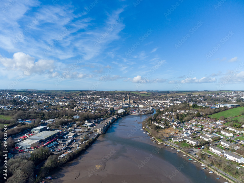 aerial view of truro city cornwall England uk with blue sky 
