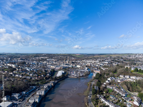 aerial view of truro city cornwall England uk with blue sky 