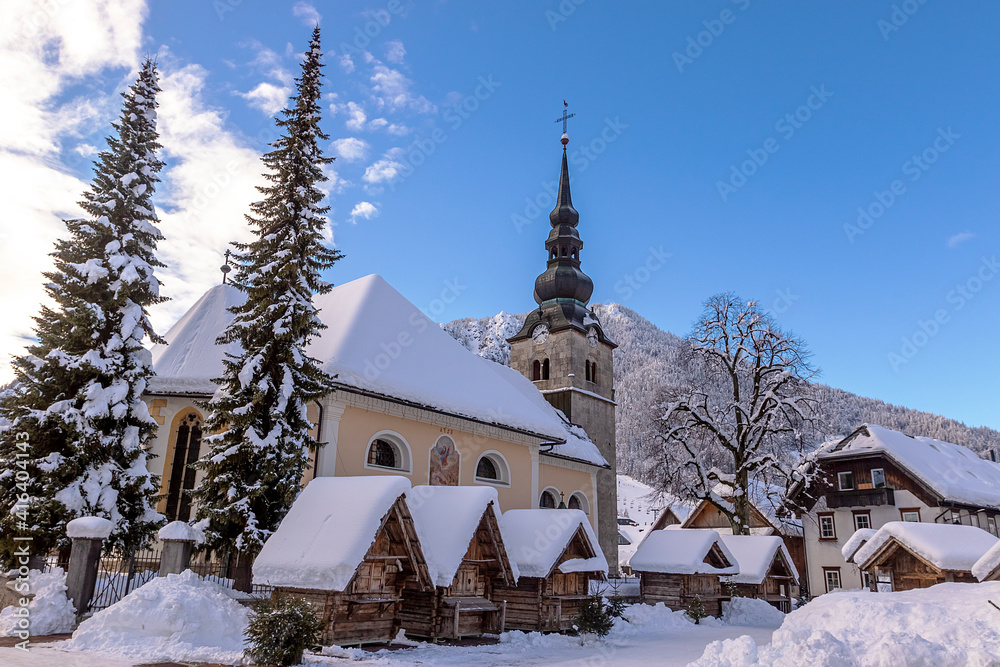 Alpine Village in Kranjska Gora with ski resorts and slopes, Slovenia