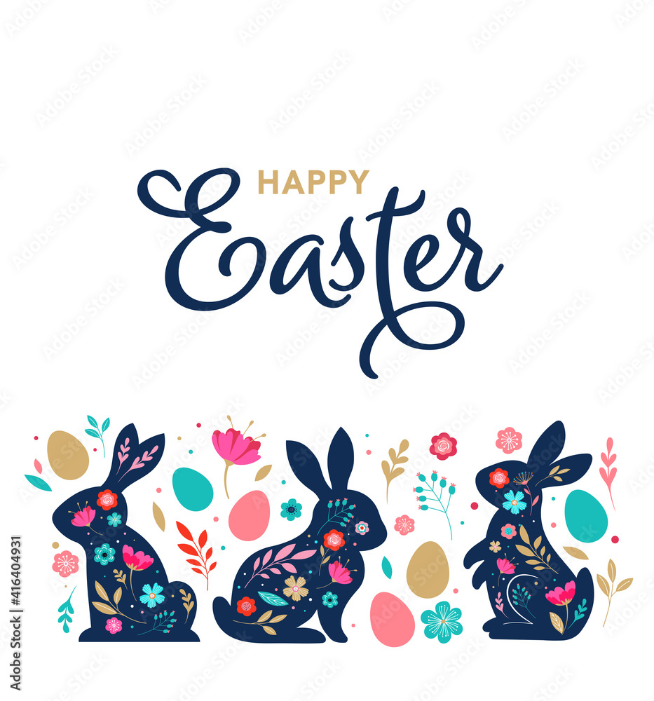 Happy Easter, decorated easter card, banner. Bunnies, Easter eggs, flowers and basket. Folk style patterned design. 