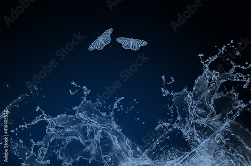Fototapeta Naklejka Na Ścianę i Meble -  Butterflyies fly away water splashes in the canal