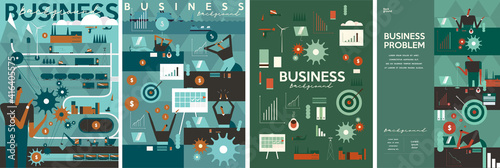 Business and finance. Set of vector flat illustrations. Business success and business problems. Businessman on the background of the city starting the process. Cover, poster, background.