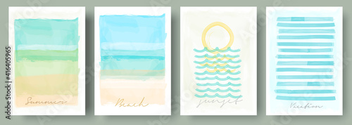 Watercolor abstract backgrounds, vector , beach, sunset, sea. Set of creative minimalist hand painted illustrations for wall decoration. Pastel colors. Handwritten inscriptions.