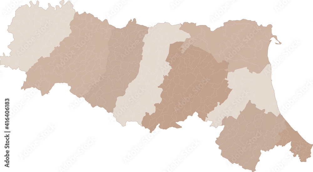 Emilia-Romagna map, division by provinces and municipalities. Closed and perfectly editable polygons, polygon fill and color paths editable at will. Levels. Political geographic map. Italy