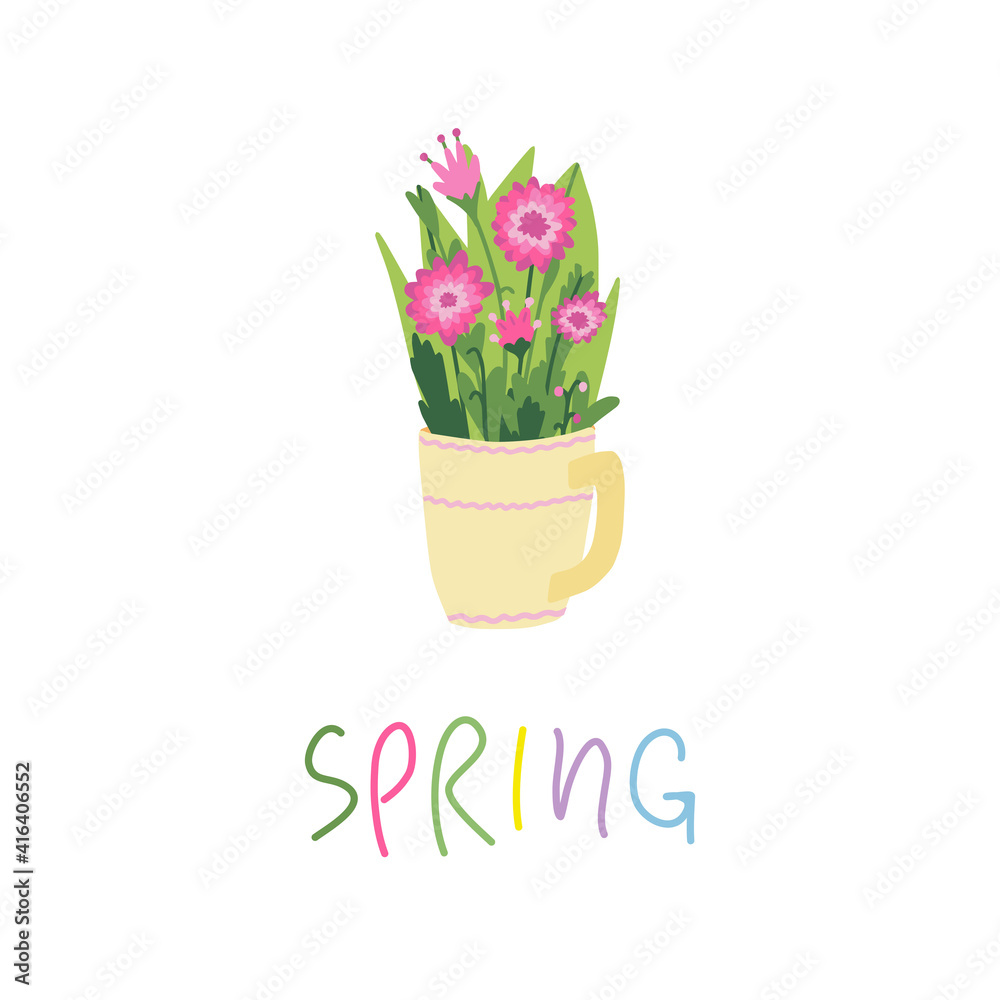 Obraz premium Spring mood floral vector illustration in simple doodle style with flowers and leaves. Gentle, springtime floral background in pastel colors