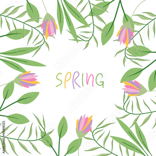 Spring mood floral vector illustration in simple doodle style with flowers and leaves. Gentle  springtime floral background in pastel colors