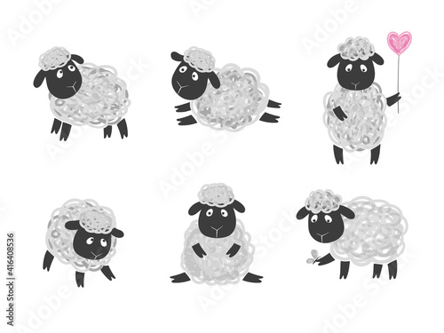 Set of cute sheep. Vector illustration of cartoon lambs.