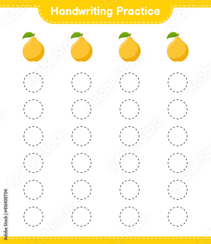 Handwriting practice. Tracing lines of Quince. Educational children game, printable worksheet, vector illustration