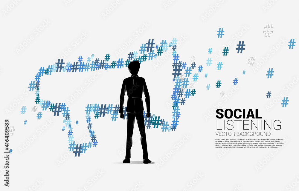 Silhouette of businessman standing with big megaphone small hash flow background. Concept for power of comment and communication. Silhouette of businessman standing with big megaphone small hash flow background. Concept for power of comment and communication.