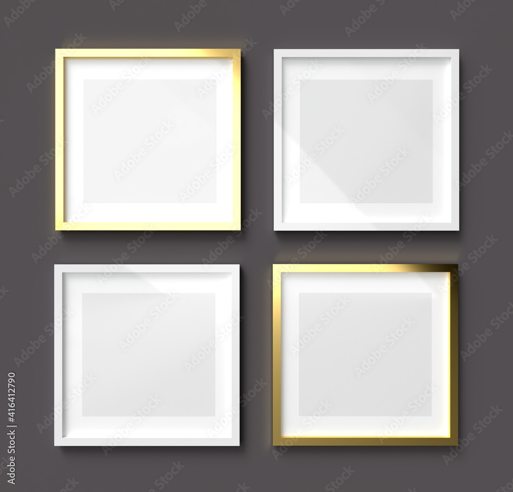 3D Render mockup of four square white plastic and gold empty frame with paper border inside and gray space on dark gray wall. Border template creative project concept with sunlight