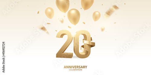 20th Anniversary celebration background. 3D Golden numbers with golden bent ribbon, confetti and balloons.