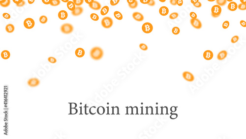 Orange Bitcoin mining falling confetti.