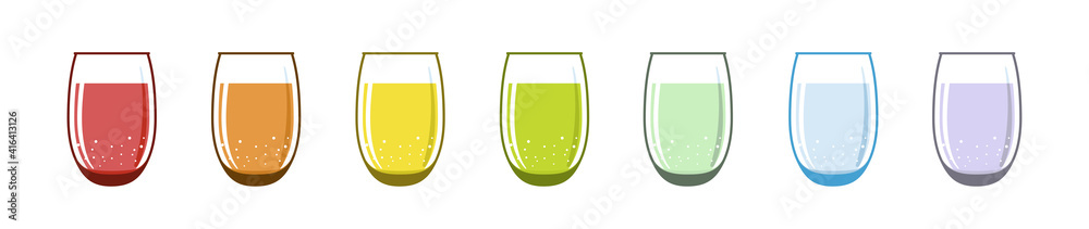 Glass glasses with drinks of different colors. Rainbow colored liquid.