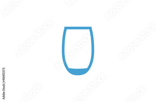 Silhouette of a glass beaker on a white background. The outline of a glass in blue with water.