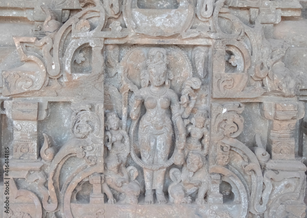 a bas relief carving of a hindu diety at harshat mata temple situated in the village of abhaneri