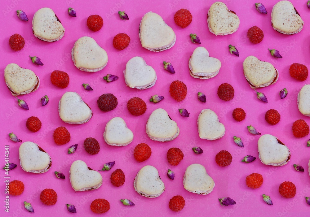 custom made wallpaper toronto digitalPink heart homemade macaron cookies filled with raspberry jam for Valentines Day with fresh raspberries and dried roses on a pink background