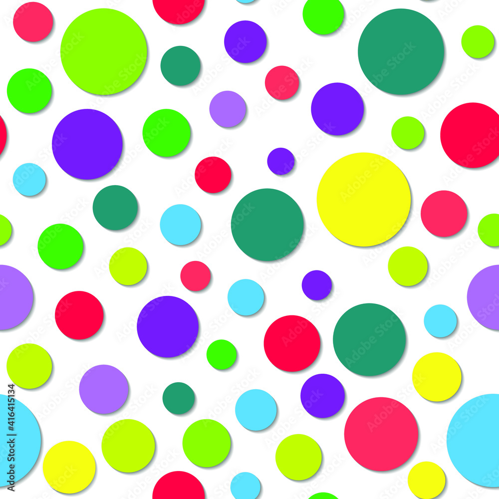 Polka dot colorful seamless pattern. Random different colors circles with shadows chaotic of different size. Vector abstract dotted background texture. Fabric wallpaper print textile wrapping design