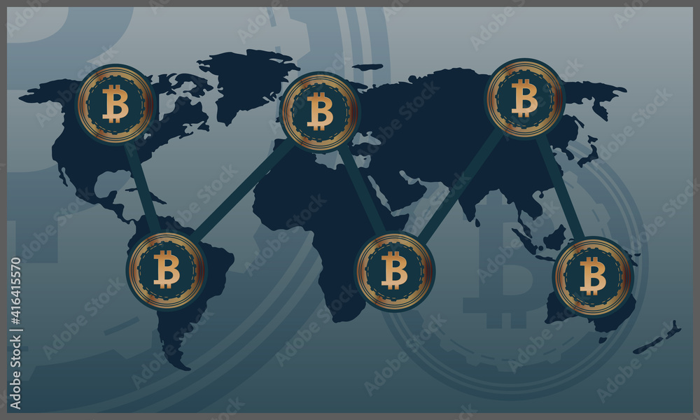 
vector illustration of bitcoin in the world symbol of technology and wealth. Eps 10