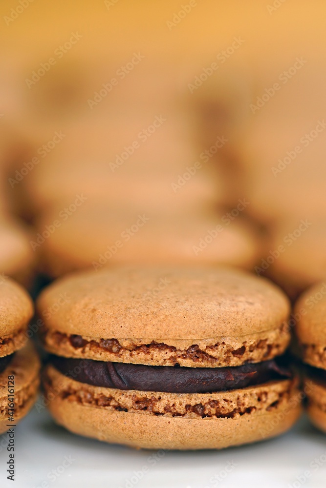 French macaron cookies filled with chocolate ganache cream French macaron cookies filled with chocolate ganache cream