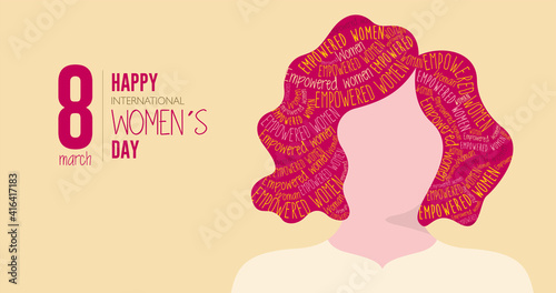 HAPPY INTERNATIONAL WOMEN S DAY. Silhouette of woman with red hair filled with the words EMPOWERED WOMAN on yellow background. Vector image