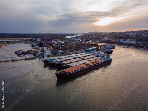 Aerial view of port and cargo ships in river Don, Rostov-on-Don