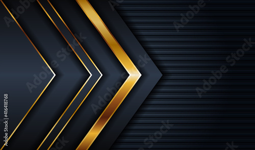 Abstract dark grey metallic with gold light luxury design background. Modern futuristic shadow black space overlap layer on shine line golden element decoration