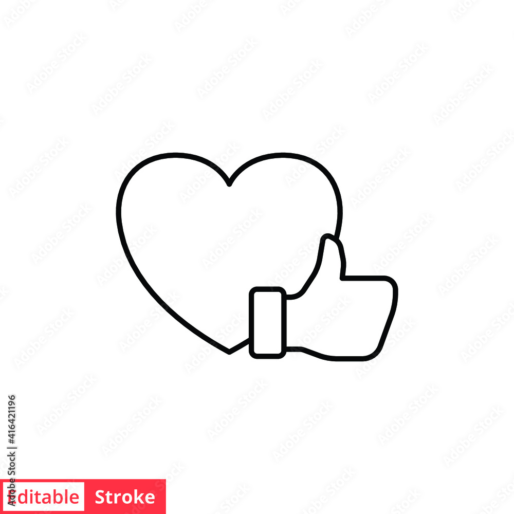 Heart and hand thumb up line icon. Like, favourite, love, and testimonials concept. Simple outline style. Vector illustration isolated on white background. Editable stroke EPS 10. Heart and hand thumb up line icon. Like, favourite, love, and testimonials concept. Simple outline style. Vector illustration isolated on white background. Editable stroke EPS 10.
