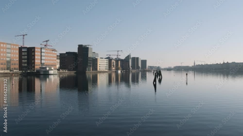 Cinematic Copenhagen Harbour Buildings Skyline On Waterfront Panning Establishing Shot