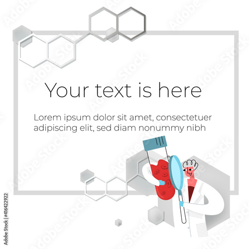 Vector illustration template, frame layout for slide design, presentation, title page, introduction, home page. Chemical structure is depicted, laboratory assistant analyzing test tubes with blood.