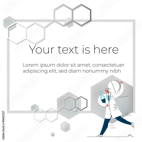 Vector illustration template, frame layout for slide design, presentation, title, home page, introduction. Chemical structure is depicted. Character doctor is depicted running with pill, ampoule.