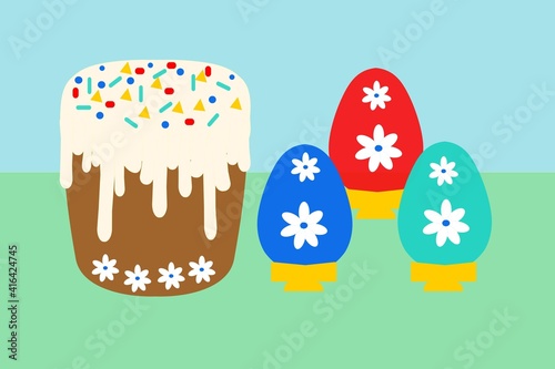 Easter  festive cake  colored eggs on stands. Multicolored illustration for design