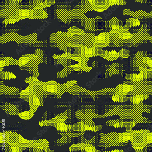 Seamless camouflage pattern. Repeating digital dotted camo military texture background. Abstract modern fabric textile ornament. Vector illustration.