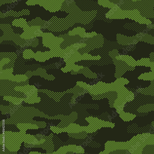 Seamless camouflage pattern. Repeating digital dotted camo military texture background. Abstract modern fabric textile ornament. Vector illustration.