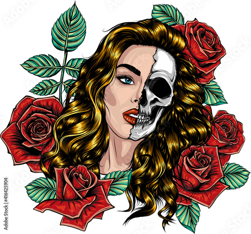 illustration head skull girl with roses around