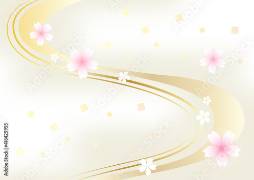 桜と金箔と流水文様風の背景　ベクターイラスト素材（ベージュ）