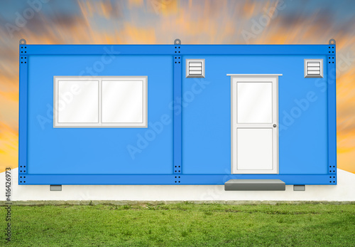 Portable office container or prefabricated modular building. That mobile workspace or temporary work area for construction site. Consist of metal box, door, window and ventilation fan. Illustration.