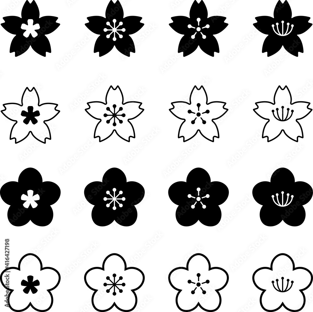 Fototapeta premium モノクロの桜の花のアイコンセット ベクターイラスト