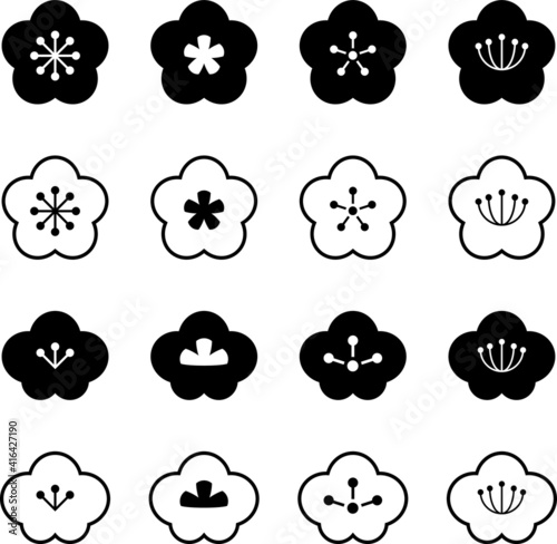 白黒の梅の花のアイコンセットセット　ベクターイラスト