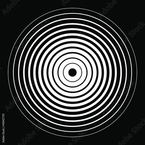 Radial white lines in ring form. Vector illustration. Design element for technology round logo, striped border frame, blackout tattoo, prints, monochrome pattern and abstract background